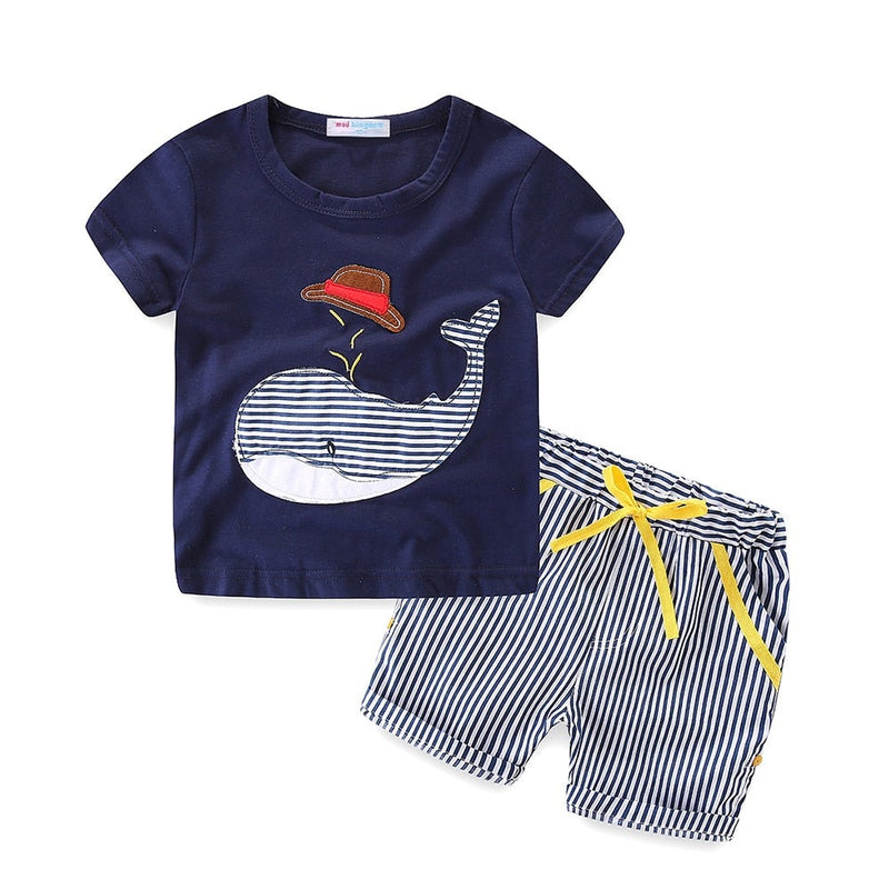 Boys Outfits Cute Cartoon Whale Pattern T-Shirts and Striped Summer Shorts Set for Kids Clothes Beach Suit
