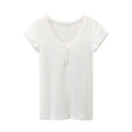 Girl Cotton Hollow Out Lace T-Shirt Ladies Slim Short Sleeve Button Tops