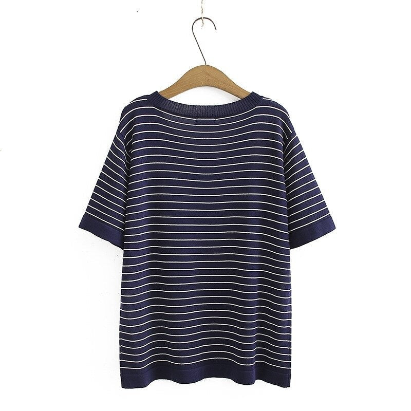 Womens Clothing T-Shirts Summer Tees Casual Short Sleeve V Neck Striped Ice Knitting Tops