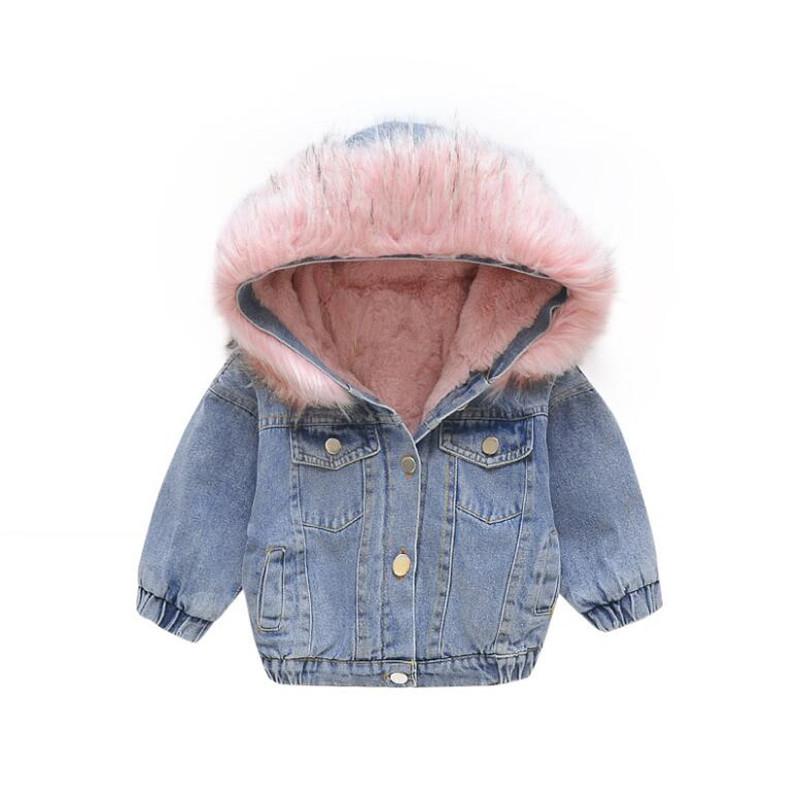 Large Fur Collar Girls Denim Jacket For Baby Children Clothes Coat Boys Winter Jackets Kids Lamb Cashmere Hooded Outwear