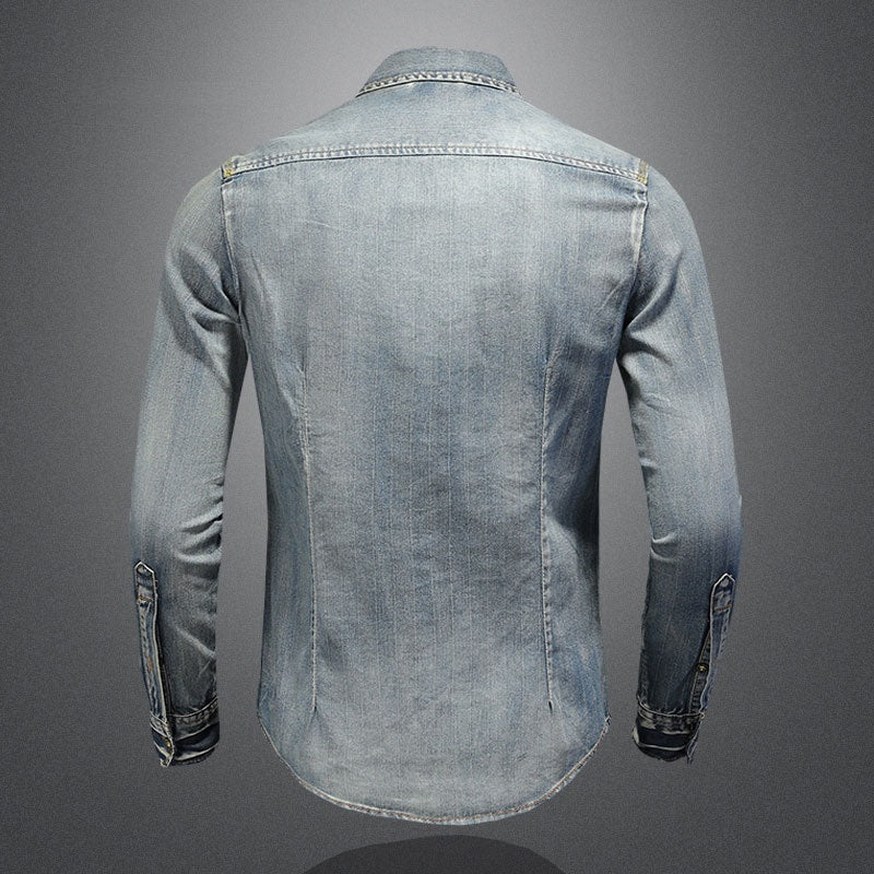 Men Denim Shirt Retro Slim Blue Motorcycle Style Streetwear Leisure Thin Coat