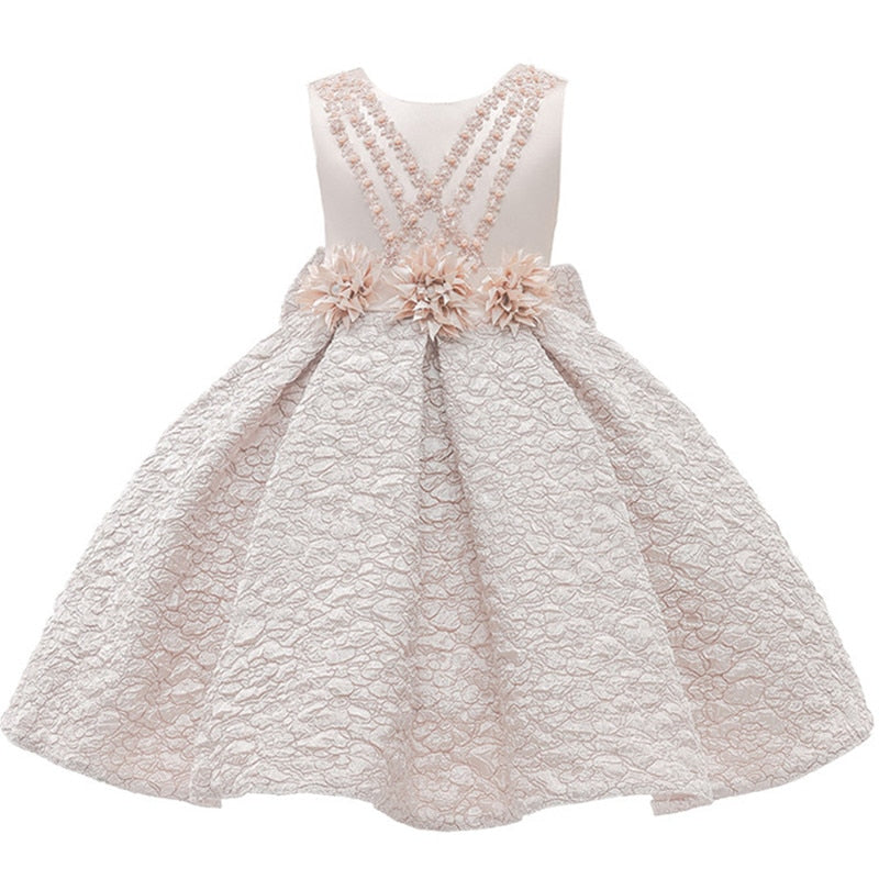 Kids Clothes Children Girls Princess Dress Beads Bow Baby Girls Christmas Party Dress Floral Ceremony Girls Costume Ball Gown