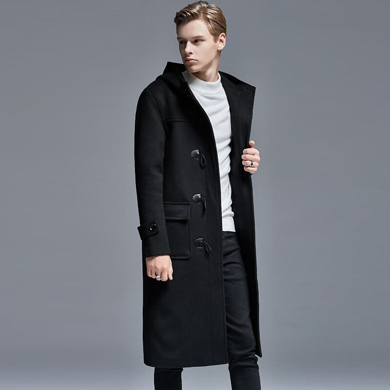 Winter Men Horn Button Woolen Coat Long Over-the-Knee Loose-Woolen Jacket Hooded Trench Thick Mens Coats and Jackets