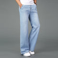 Men Summer Thin Light Weight Wide-Leg Straight Jeans Business Casual Flare Pants Black Blue