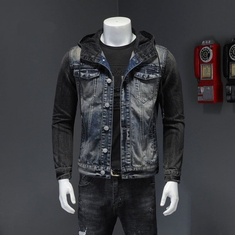 European Style Hooded Colorblock Bomber Pilot Blue Denim Jacket Men Jeans Coats Motorcycle Casual Slim Outwear Clothing Overcoat