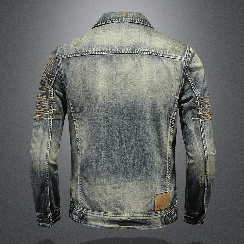 Retro Jeans Jacket Men Denim Coat Autumn Bomber Motorcycle Casual Lapel Long Sleeve Embroidery Slim Clothing