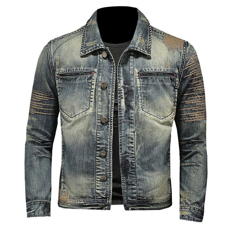 Retro Jeans Jacket Men Denim Coat Autumn Bomber Motorcycle Casual Lapel Long Sleeve Embroidery Slim Clothing