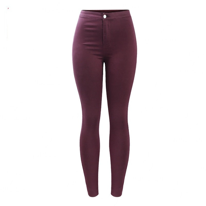 High Waisted Burgundy Elastic Denim Jean Women`s Pants Trousers Skinny Pencil Woman Jeans Femme