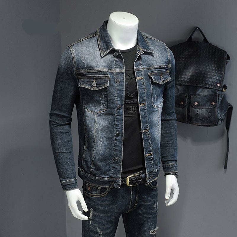 Spring Denim Jacket Men Jeans Coat Cotton Elasticity Turndown Collar Long Sleeve Slim Clothes Gray Blue Bomber