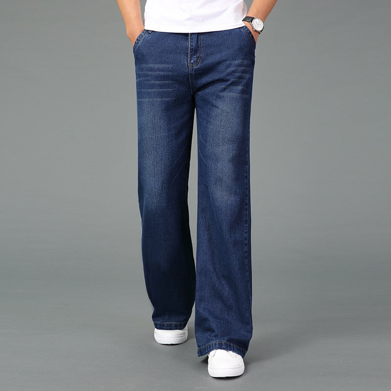 Men Summer Thin Light Weight Wide-Leg Straight Jeans Business Casual Flare Pants Black Blue
