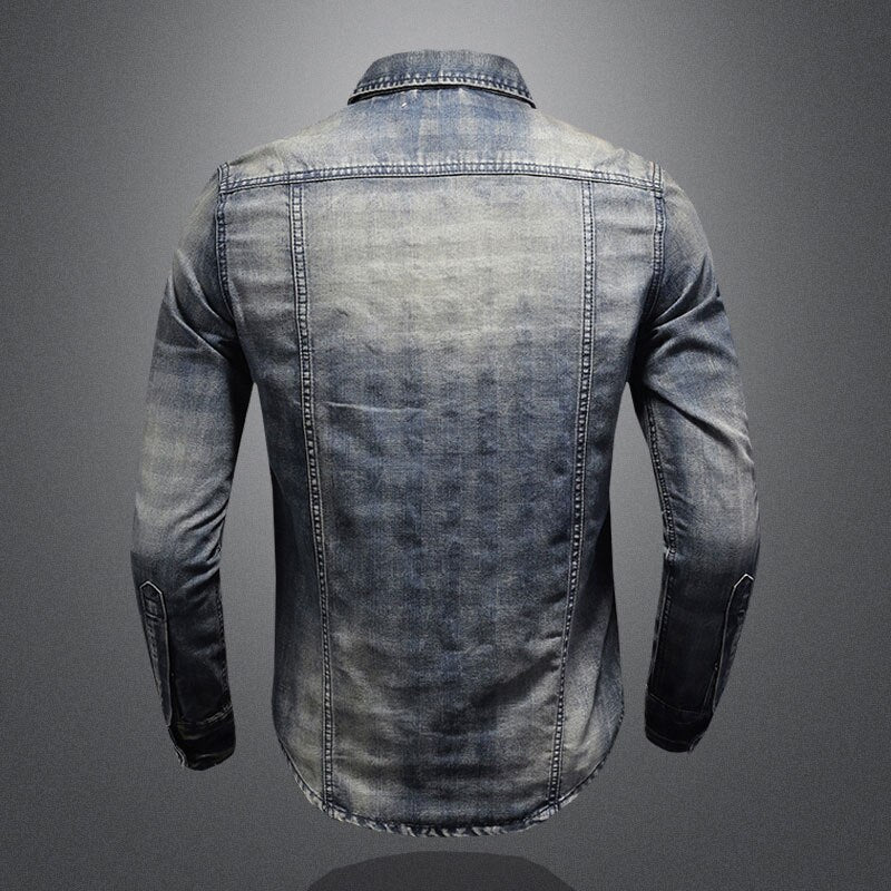 Retro Jeans Shirt Men Denim Shirts Slim Long Sleeve Stand Collar Plaid Printing Motorcycle Streetwear Leisure Thin Coat