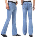 Men Jeans Trousers Mid Waist Elastic Slim Elegant Boot Cut Semi-Flared Bell Bottom Blue Denim Pants