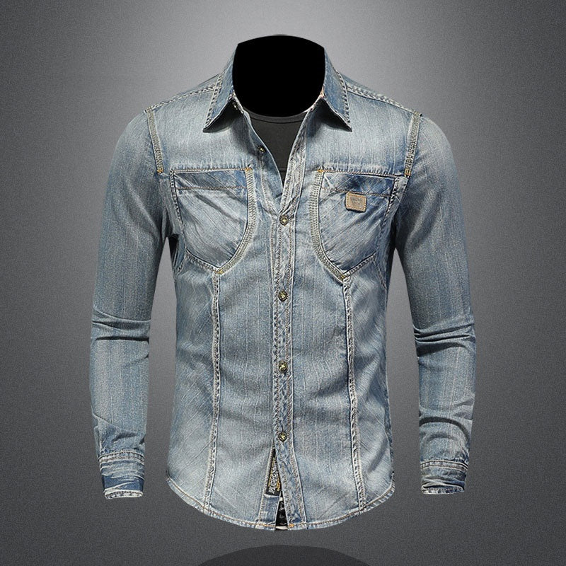 Men Denim Shirt Retro Slim Blue Motorcycle Style Streetwear Leisure Thin Coat