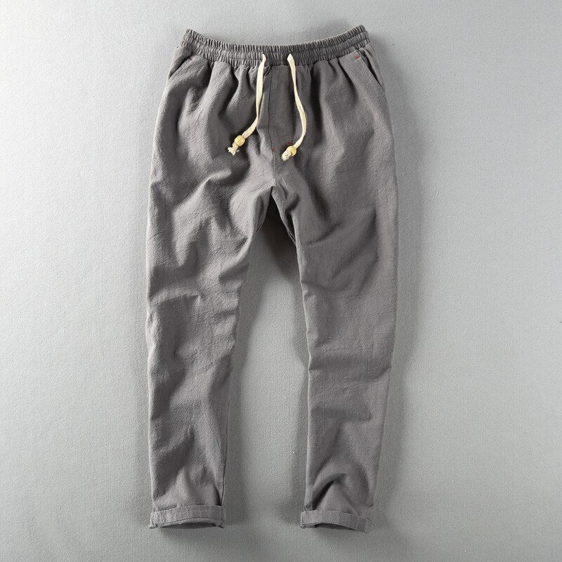 Men Linen Pants Casual Style Simple Sport Jogger Slim-Fit Thin Drawstring Stretch Waist Straight Ankle-Length Trouser