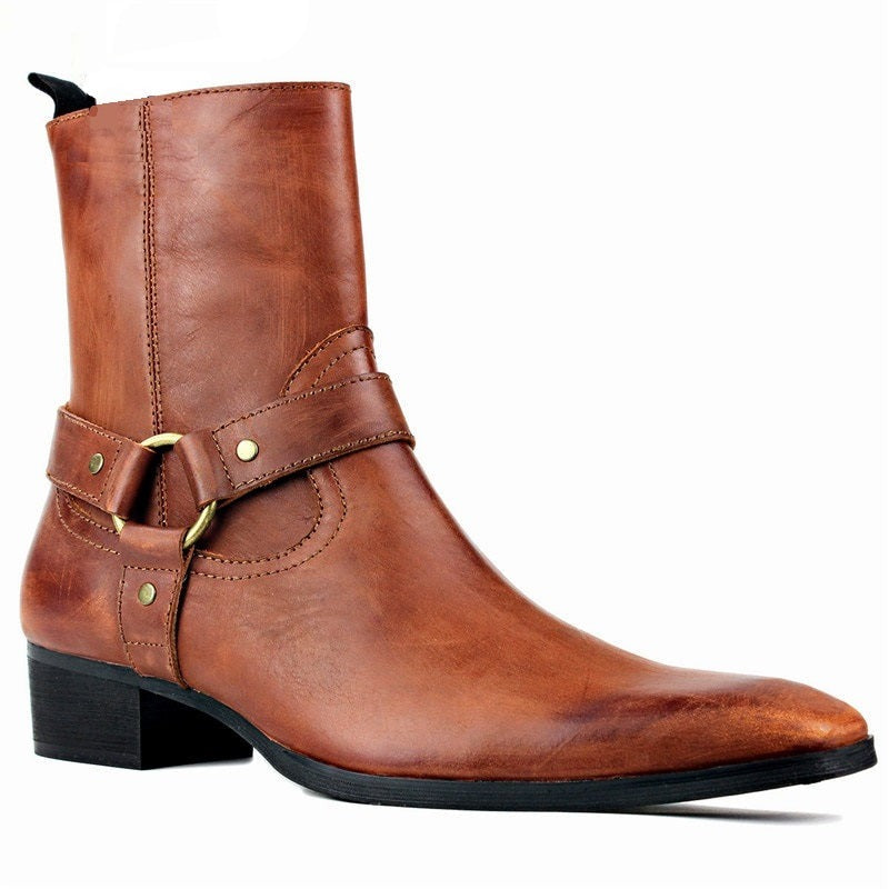 Luxury new designer Pointed Toe Buckle Strap retro Leather Men Boots