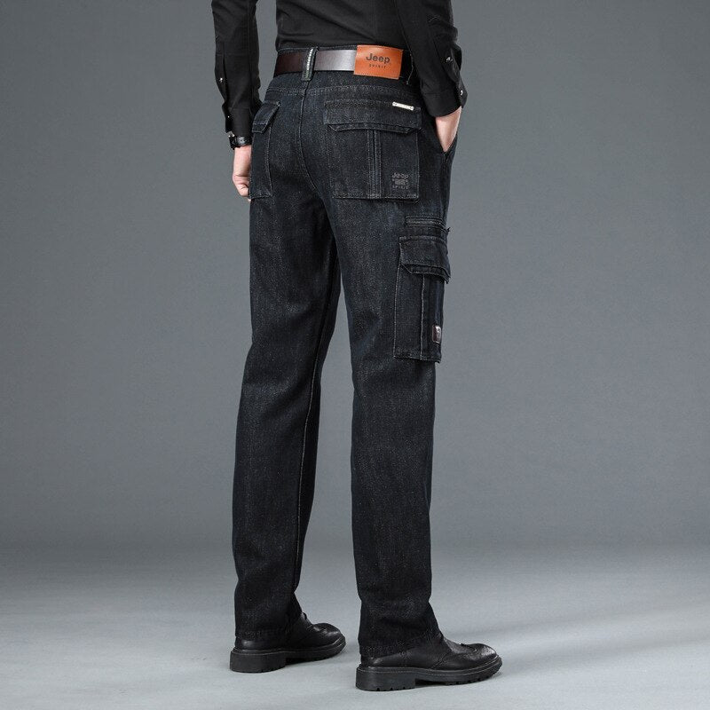 Winter Autumn Men Thicken Multi-Pocket Outdoor Cargo Denim Pant