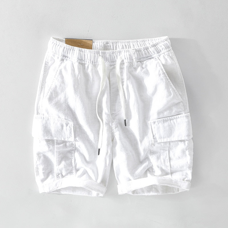 Spring Summer Men Cargo Shorts Casual Minimalist Style Sport Multi-Pocket Drawstring Elastic Waist Cotton Linen Zipper