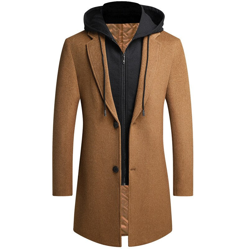 Woolen Coat Unique Detachable Hooded Style Handsome Male Jackets