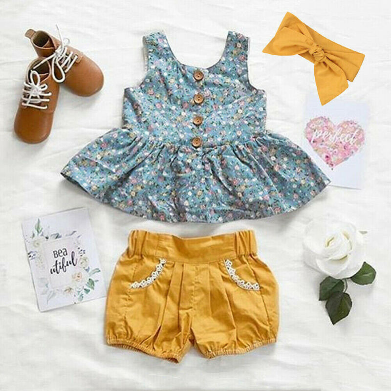 Toddler Baby Girl Summer Clothes Floral Tops Dress +Shorts 3PCS Outfits 0-24M