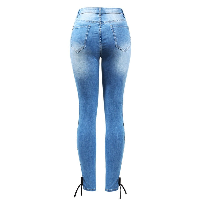 Side Split Bandage Jeans Women`s Stretchy Denim Pants Trousers Jeans For Women