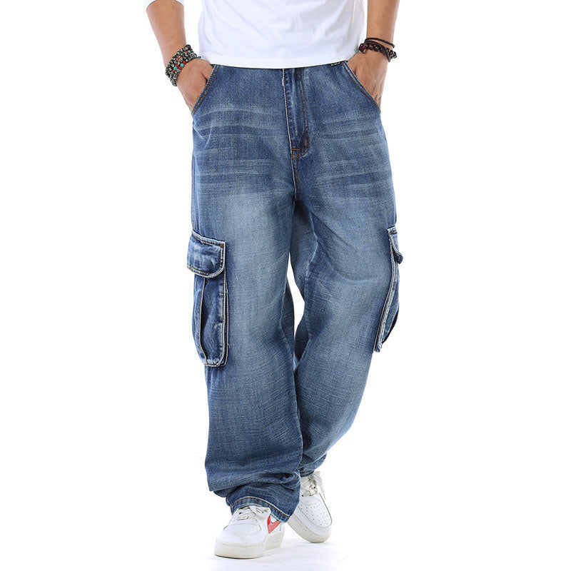 Jeans Men Denim Pants Big Pocket Straight Baggy Casual Streetwear Blue Wide Leg Trousers