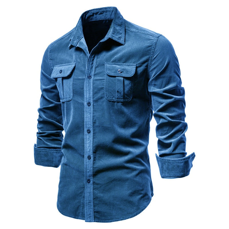 Spring men shirts cotton corduroy mens designer shirts slim pockets business single button