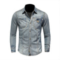 Men Denim Shirt Retro Slim Blue Motorcycle Style Streetwear Leisure Thin Coat