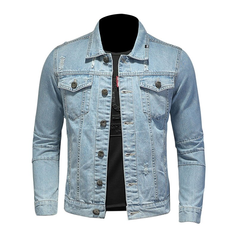 Denim Jacket Men Jeans Coats Lapel Long Sleeve Single-Breasted Slim Motorcycle Bomber Light Blue Casual Outwear Clothing