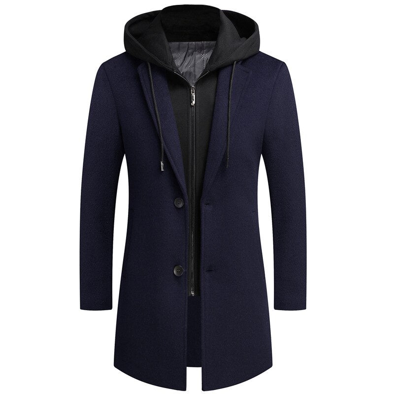 Woolen Coat Unique Detachable Hooded Style Handsome Male Jackets