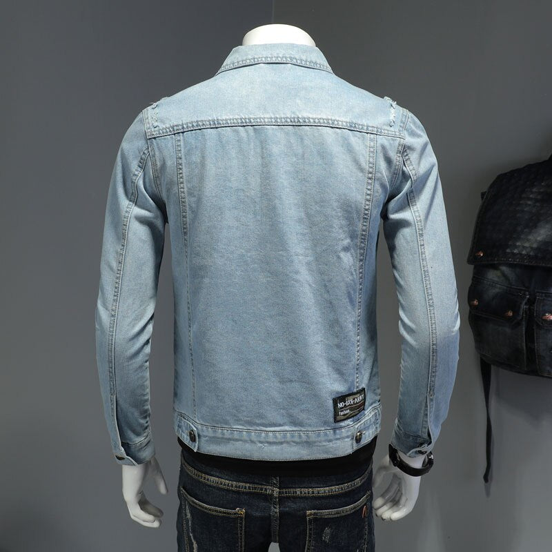 Denim Jacket Men Jeans Coats Lapel Long Sleeve Single-Breasted Slim Motorcycle Bomber Light Blue Casual Outwear Clothing