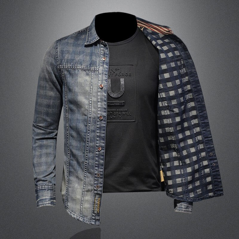 Retro Jeans Shirt Men Denim Shirts Slim Long Sleeve Stand Collar Plaid Printing Motorcycle Streetwear Leisure Thin Coat