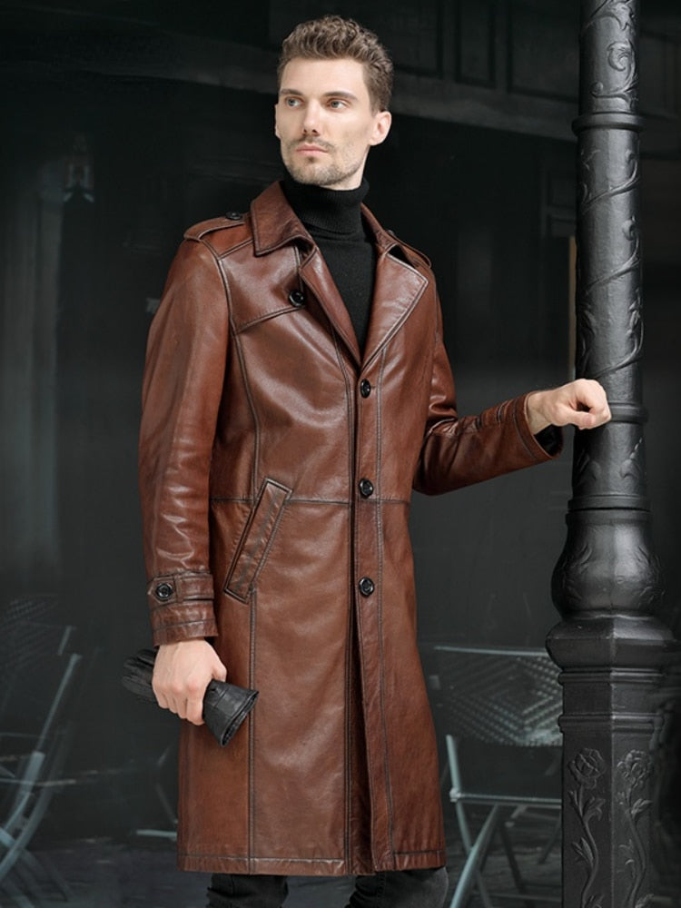 Mens Long Windbreaker Leather Jacket Men Brown over-the-Knee Single-Breasted Overcoat