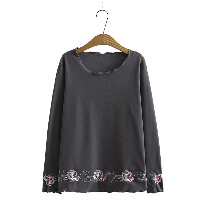 Woman Autumn T-shirt Ladies Solid Tops Female Long Sleeve Tshirt Loose Embroidered Clothing