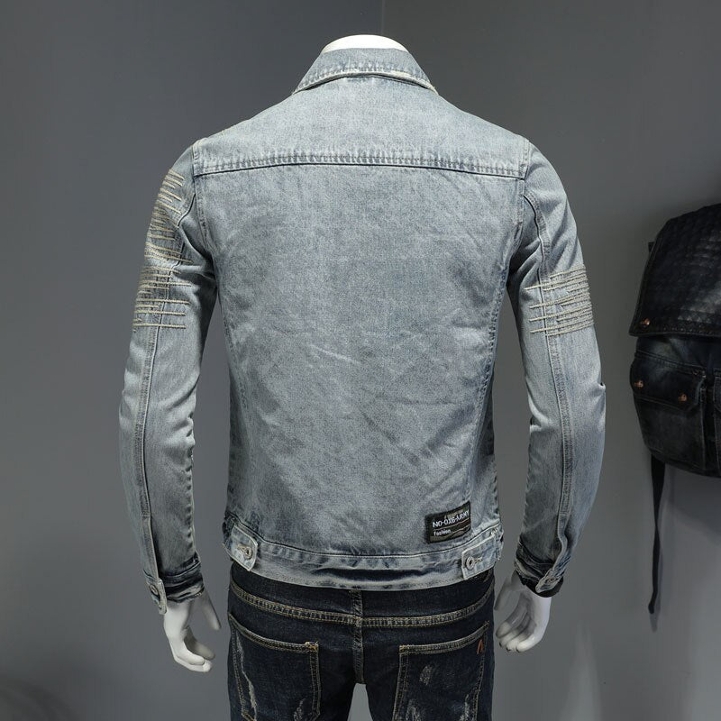 Spring Jeans Jacket Men Denim Coat Lapel Long Sleeve Bomber Motorcycle Retro Embroidery Slim Streetwear Outwear Clothing