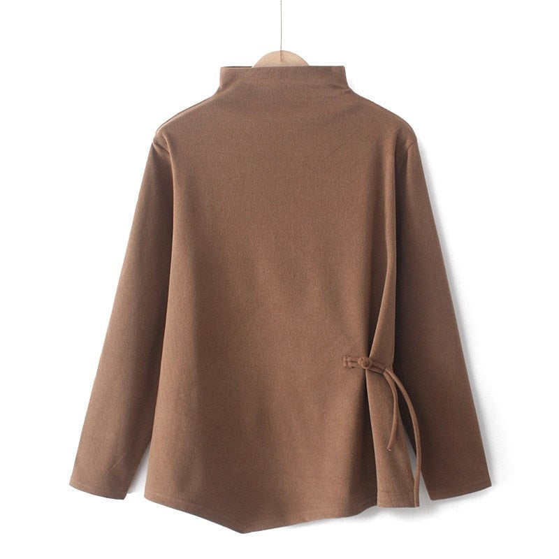 Women Clothing T-Shirts Autumn Winter Mock Neck Asymmetrical Length Keep Warm Thick Elastic Tops