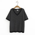 Womens Clothing T-Shirts Summer Tees Casual Short Sleeve V Neck Striped Ice Knitting Tops