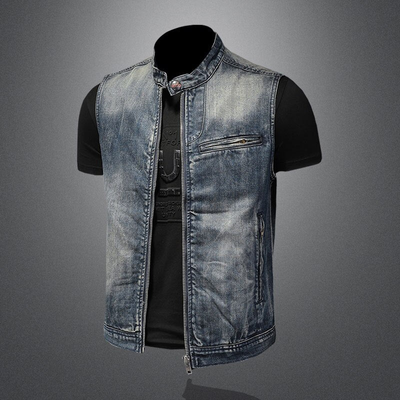 Spring Retro Jean Jacket Men Denim Vest Coats Blue Slim Stand Collar zipper Sleeveless Motorcycle Waistcoat Cowboy Brand