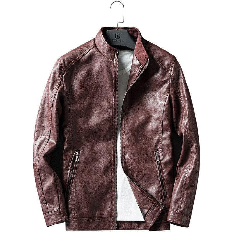 Winter Men Thin Short Leather Jacket Gentlemen Motorcycle Slim Fit Luxury Classic Simple Stand Collar Coat