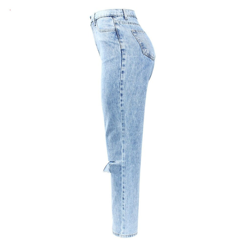 Ripped Mom Jeans Women`s  Straight Boyfriend Distressed High Waist Denim Pants Trousers Jeans For Women