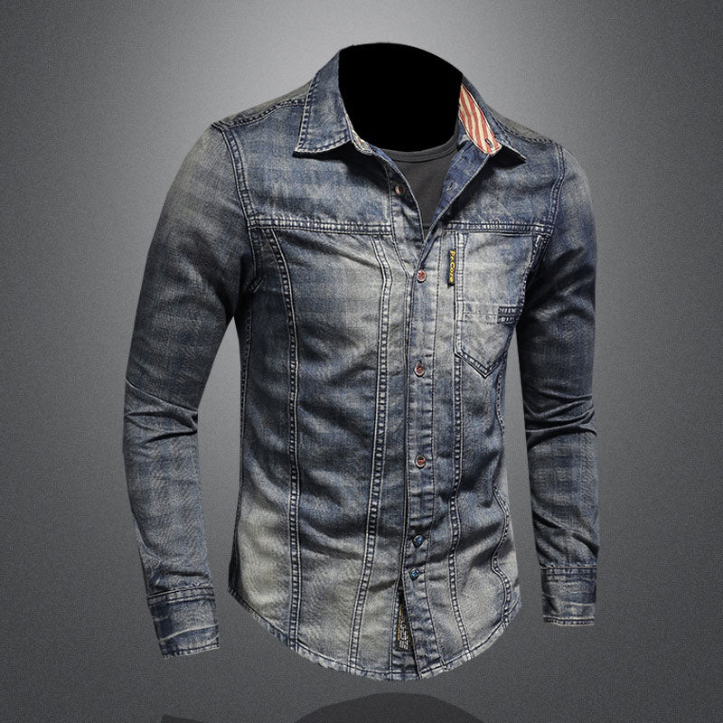 Retro Jeans Shirt Men Denim Shirts Slim Long Sleeve Stand Collar Plaid Printing Motorcycle Streetwear Leisure Thin Coat