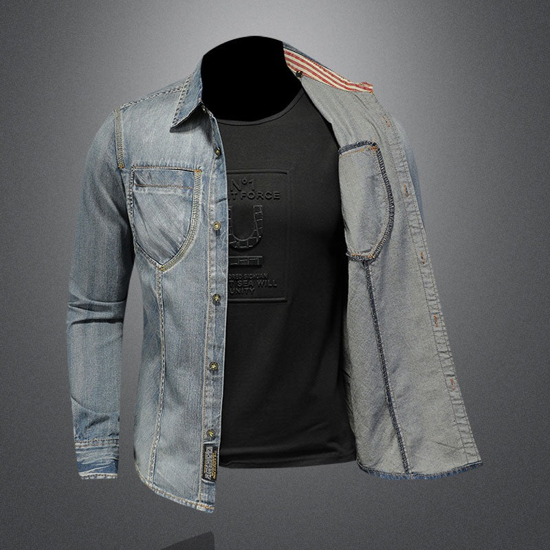 Men Denim Shirt Retro Slim Blue Motorcycle Style Streetwear Leisure Thin Coat