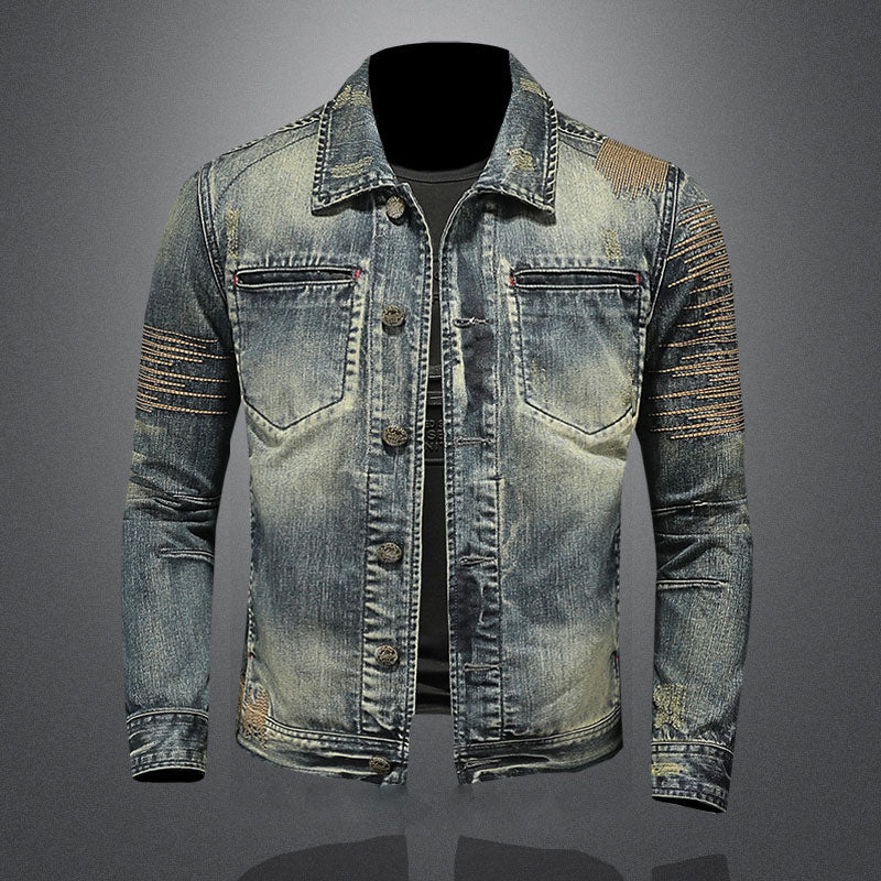 Retro Jeans Jacket Men Denim Coat Autumn Bomber Motorcycle Casual Lapel Long Sleeve Embroidery Slim Clothing