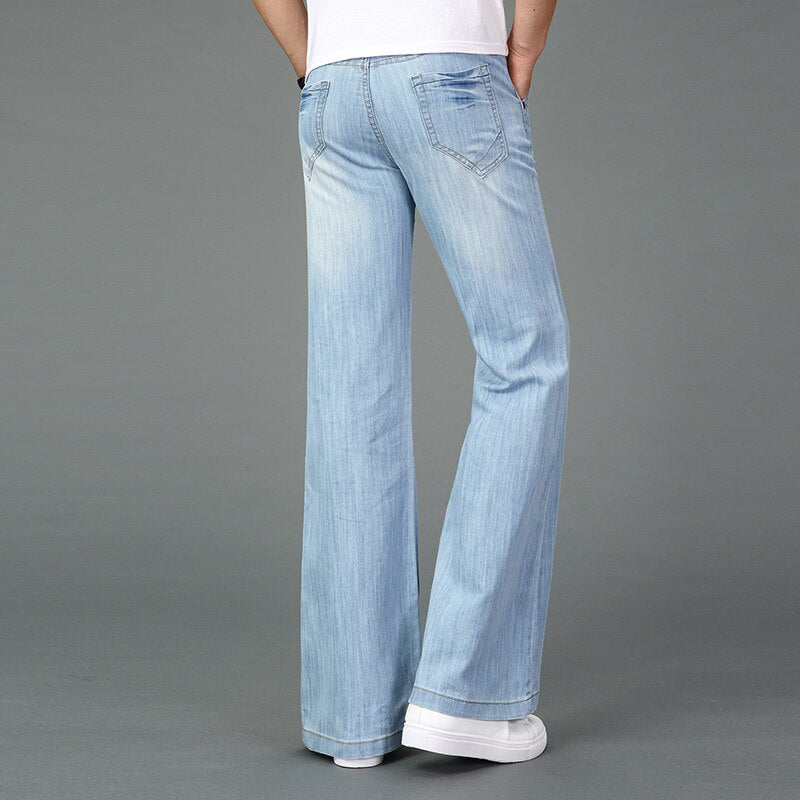 Men Summer Thin Wide Leg Jeans Light Blue Big Straight Long Pants Boot-Cut Casual Business Trousers