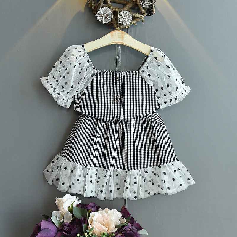 Girls Suit Summer Wave Dot Puff Sleeve Stitching Plaid Top T-shirt + Lace Skirt