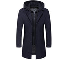 Men wool jackets long solid detachable hooded overcoat warm luxurious woolen blend zipper clothing