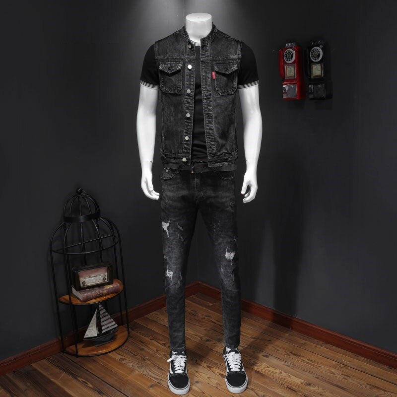 Retro Jean Jacket Men Denim Vest Coats Slim Black Stand Collar Sleeveless Motorcycle Style Waistcoat Coat Cowboy