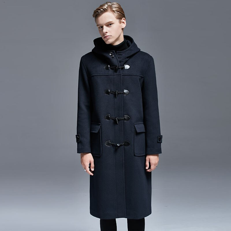 Winter Men Horn Button Woolen Coat Long Over-the-Knee Loose-Woolen Jacket Hooded Trench Thick Mens Coats and Jackets