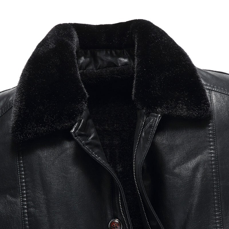 Winter Black Fleece Leather Jacket Men Parka Coat Overcoat Plus Velvet Warm Long Section Casual Windbreaker Outwear Clothing