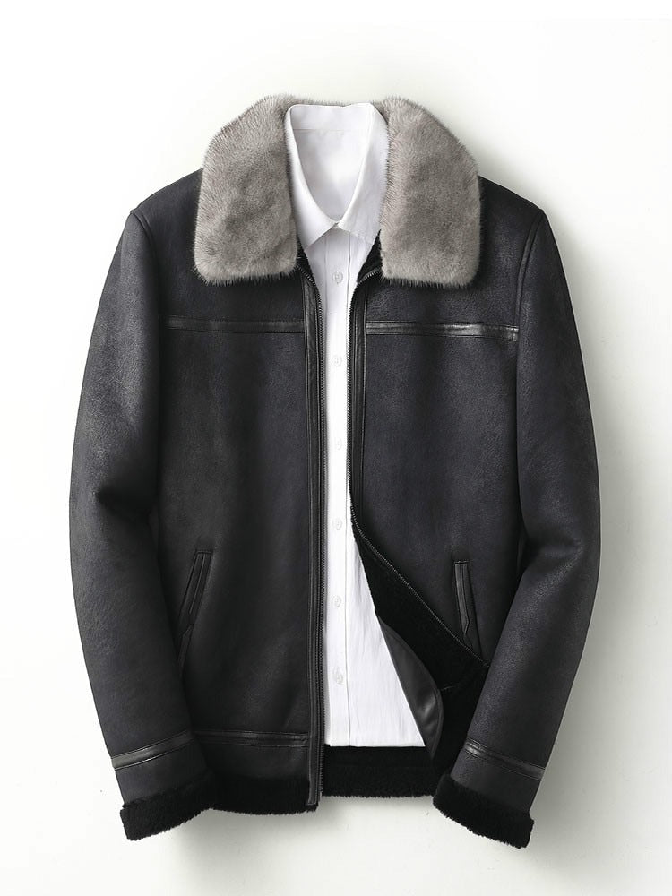 Genuine Leather Clothes Shearling Jacket Mens Mink Collar