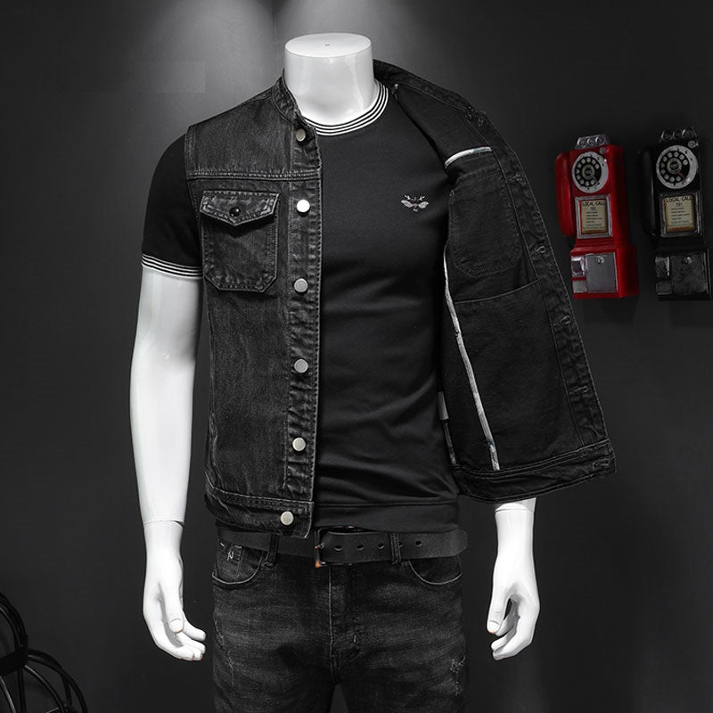 Retro Jean Jacket Men Denim Vest Coats Slim Black Stand Collar Sleeveless Motorcycle Style Waistcoat Coat Cowboy